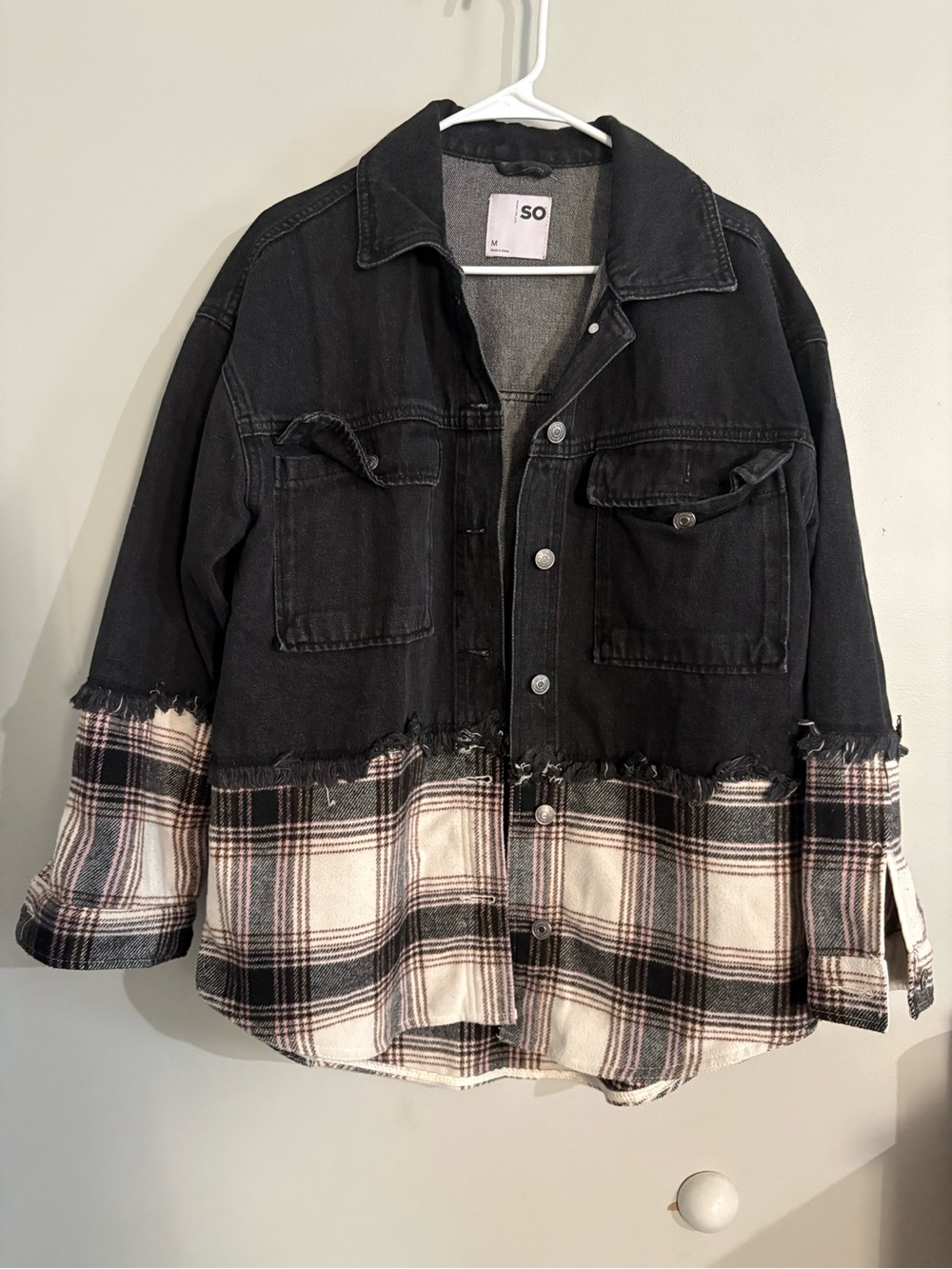 SO Black Denim & Cream Plaid Two-Tone Shacket